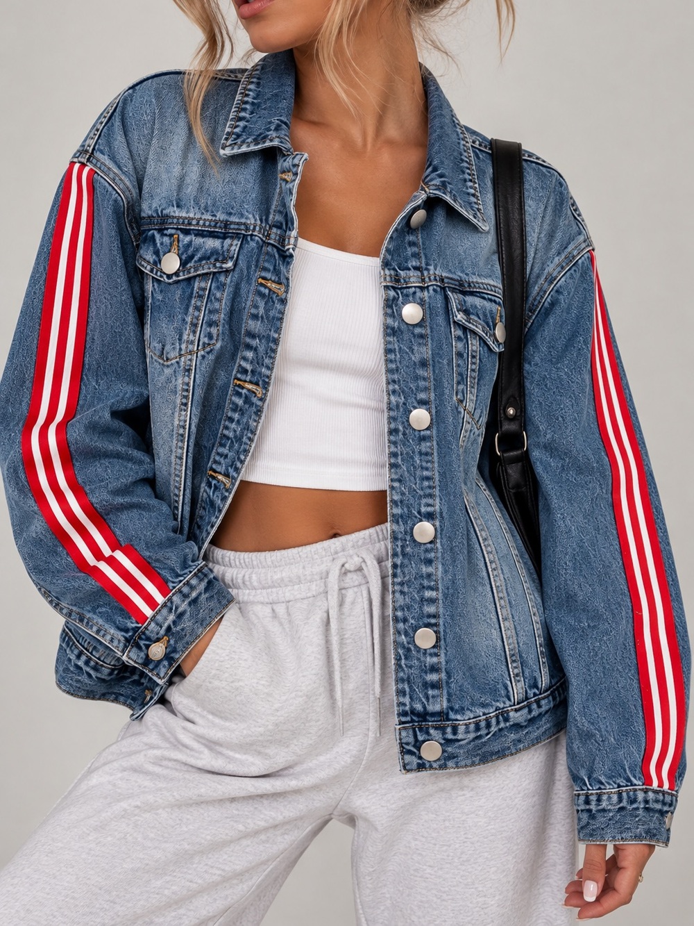 Ashley Mason Distressed Denim Jacket with Red & White Side Stripe (Size L)